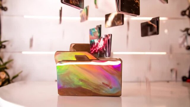 A vibrant, abstract object resembling a folder is displayed, with floating digital cards