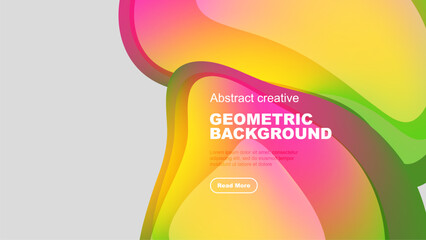 Fototapeta premium Abstract colorful shapes overlap black space. Text promotes geometric background, includes read more button. Modern design.