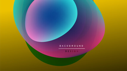 Abstract colorful shapes overlap, creating vibrant visual effect. Gradient hues blend smoothly, forming modern design element.