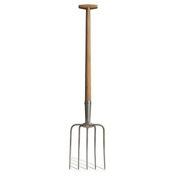 A close-up, isolated image showcases a garden pitchfork with a wooden handle and tines. It's set against a deep black backdrop