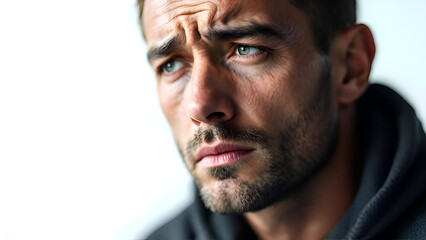 Fototapeta premium Realistic Sad Man Portrait on White Background Emotional Isolated Male Expression Photography.