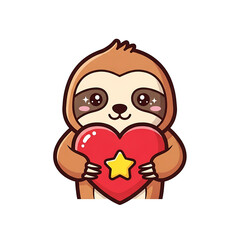 Naklejka premium Cute sloth holding a red heart with a yellow star isolated on white background