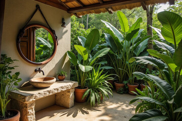 Stylish outdoor bathroom with a stone sink, rustic mirror, and lush tropical plants in natural sunlight. Jungle village interior design.