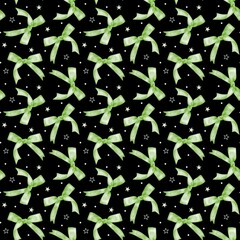 Seamless pattern of elegant green watercolor bows on a black background. Perfect for gift wrapping, fabric design, and festive decorations.