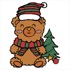 A hand-drawn and colored brown bear celebrating Christmas