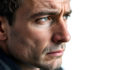 Obraz premium Realistic Sad Man Portrait on White Background Emotional Isolated Male Expression Photography.