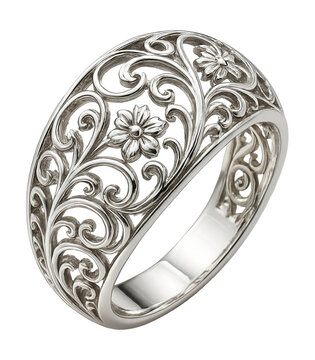 Intricate filigree silver ring with an open design.