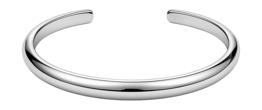 Sleek open-ended cuff bracelet with a shiny silver finish.
