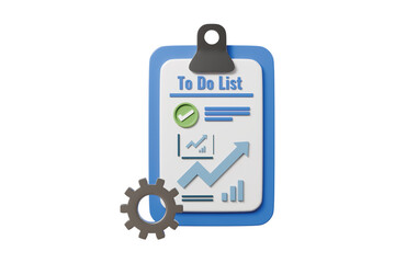 3d to do list clipboard with gears icon. task automation productivity concept. Minimal cartoon checklist planner gear for app banner. isolated on white background. 3d render.