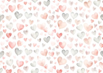 Soft watercolor hearts pattern in pastel pink grey and peach on a white background