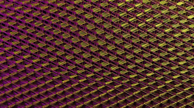 3D cubes with a metallic mesh texture, featuring a vibrant red and yellow color scheme, rotates smoothly in a continuous loop.