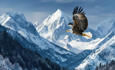 Bald eagle soaring over snowy mountain peaks, majestic wildlife scene with outstretched wings, winter alpine landscape and dramatic sky.