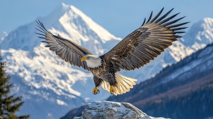 Majestic bald eagle with outstretched wings landing on snowy rock, mountain peaks in background, dramatic wildlife action scene in winter sunlight.