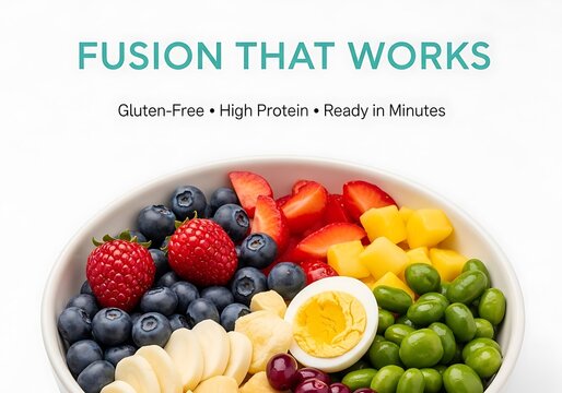 High protein fusion bowl featuring fresh strawberries blueberries mango banana edamame and hard boiled egg ready in minutes