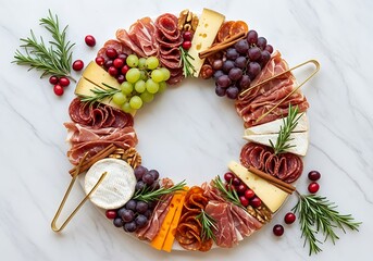 Holiday antipasto wreath display gourmet platter featuring salami prosciutto cheese grapes and fresh rosemary garnish