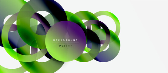 Abstract circles overlap, creating vibrant green, purple gradients. Modern design element for backgrounds, presentations. Minimalist aesthetic.