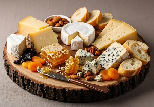 Gourmet cheese tasting platter featuring blue cheese brie cheddar honeycomb dried fruit and fresh baked bread