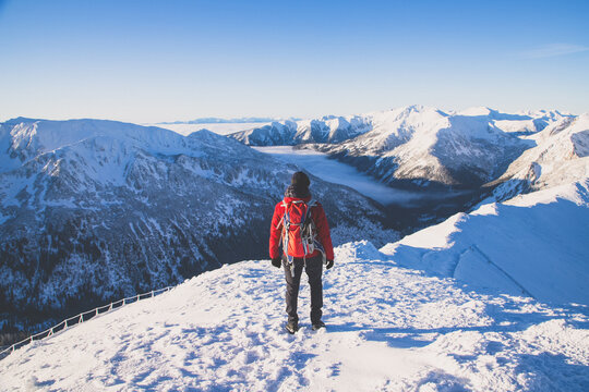 man hiking in winter Tatra mountains  Poland