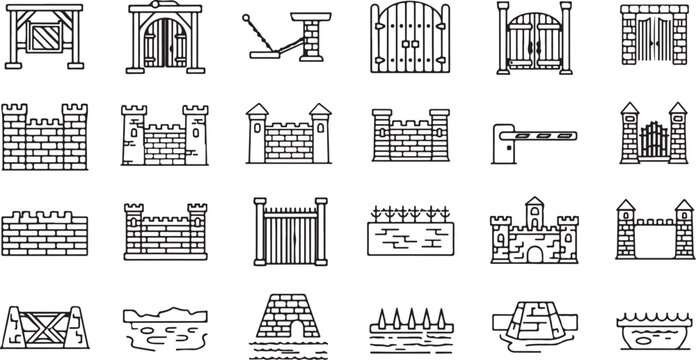Outline Vector Icons Set of Walls, Gates, Barriers, and Security Structures