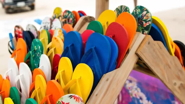 A vibrant display of assorted flip-flops in various colors, arranged for sale on a beachy background