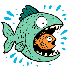 Big green fish eating small orange fish with water splash on transparent background. Danger and food chain concept for education.