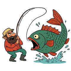 Fisherman man struggling with big fish on hook, catch of the day concept on transparent background. Sport fishing fun.