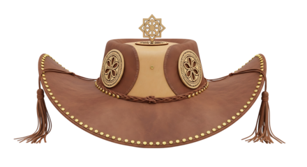 Traditional mongolian hat with intricate gold embellishments isolated on transparent background