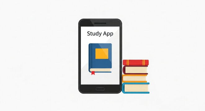 Study app on a phone with a book icon and a stack of books for learning and education resources present created with generated ai