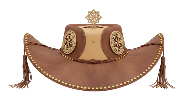 Traditional mongolian hat with intricate gold embellishments isolated on transparent background