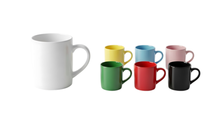 Collection of colorful ceramic mugs on a transparent background