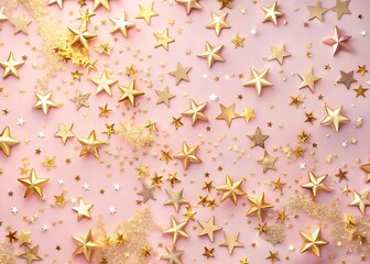Sparkling golden star confetti scattered across a soft pink background creating a festive and celebratory mood