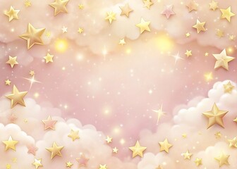 Dreamy pastel pink sky filled with golden stars and soft clouds creating a magical and ethereal background
