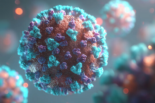 Spherical respiratory virus with blue and purple spike proteins. Dense surface glycoproteins on a bumpy envelope, floating in a soft-focus ambient background