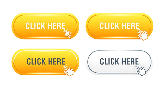 Four call to action buttons with click here text, isolated on transparent background