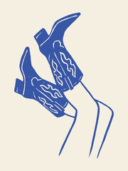 cowboy boots on legs minimalist blue line sketch vector illustration