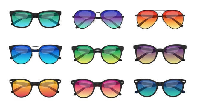 Collection of colorful gradient sunglasses isolated on transparent background