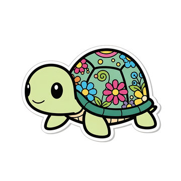 Cute cartoon turtle with colorful floral shell isolated on white background