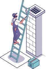 Isometric illustration of HVAC technicians cleaning and maintaining air conditioning units, ducts, and ventilation systems, isolated cartoon vector.