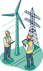 Windmill farm with electrical maintenance team checking power lines, transformer, and control system, isometric isolated illustration.