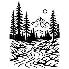 Fototapeta premium Mountain river landscape line art illustration, pine forest and flowing stream with mountain peaks, minimalist black and white nature scene for adventure design, camping logo, outdoor t-shirt, tattoo 
