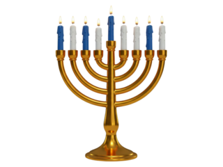 Golden Hanukkah Menorah with Blue and White Candles on White Background