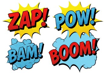 Comic book sound effects zap pow bam boom words isolated on white background