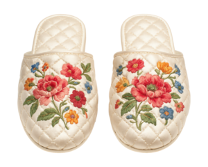 Embroidered floral quilted satin closed-toe slippers.