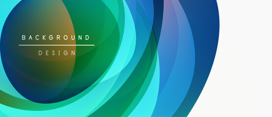 Abstract layered shapes create vibrant gradient effect. Blue, green hues dominate design, suggesting fluidity, movement. Minimalist aesthetic.