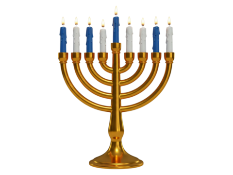 Golden Hanukkah Menorah with Blue and White Candles on White Background