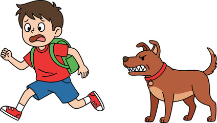 Scared boy running away from angry dog, cartoon danger situation illustration for safety awareness, child protection and animal behavior concept artwork