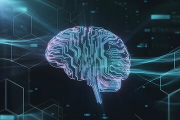 Abstract digital representation of a human brain with glowing blue circuits and data streams symbolizing artificial intelligence and neural networks in a futuristic technological concept