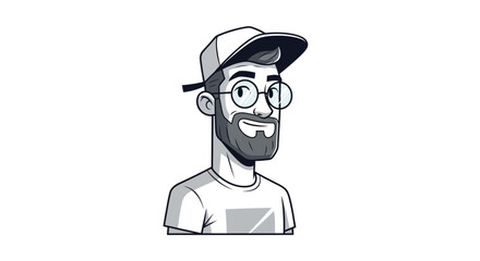 Stylized cartoon portrait of a bearded man with glasses and a cap in monochrome tones