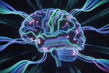 Vibrant glowing abstract digital illustration of a human brain with intricate neural pathways and connections symbolizing artificial intelligence consciousness and advanced technology