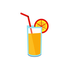 Glass of orange juice with straw and slice on transparent background